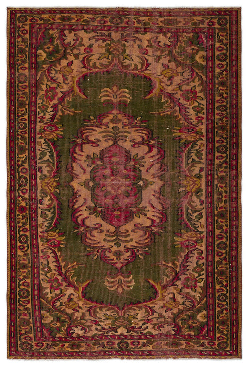 Load image 1 in gallery view. Distressed olive green and magenta traditional rug with a central floral medallion and ornate border.