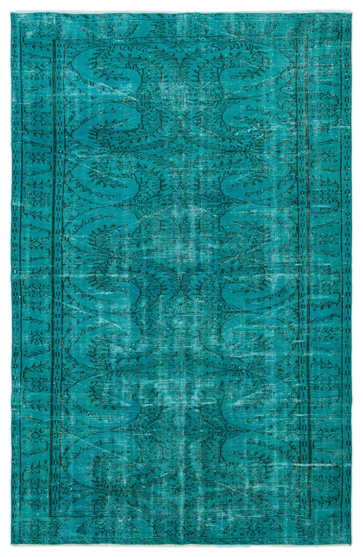 Teal distressed rug with a dark green traditional paisley pattern and a bordered edge.