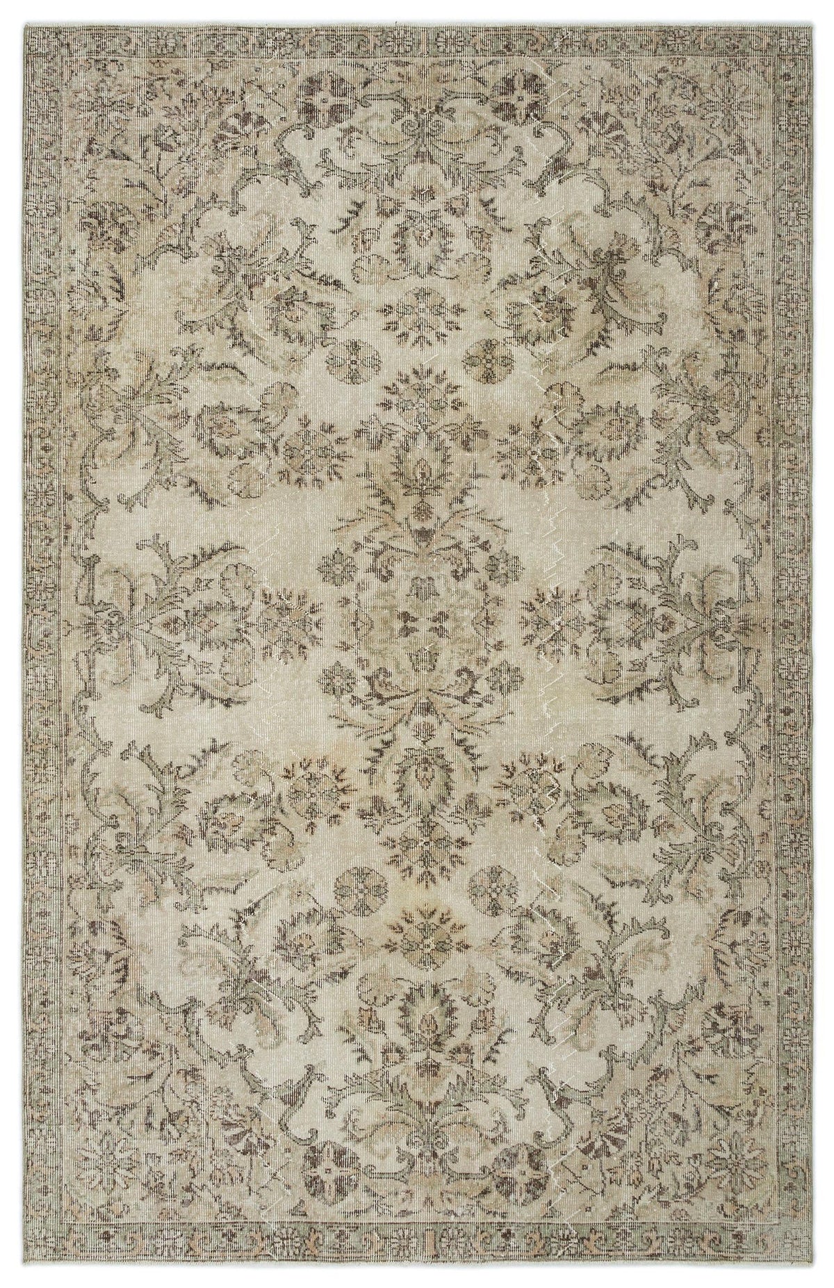 Beige and taupe vintage-style rug with a distressed floral medallion pattern and a decorative border.