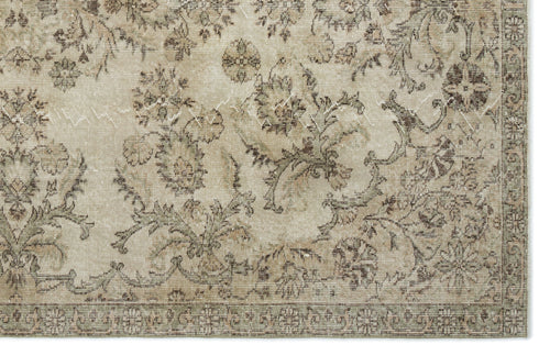 Load image 1 in gallery view. Beige and sage green vintage-style rug with a distressed floral medallion pattern and a detailed border.