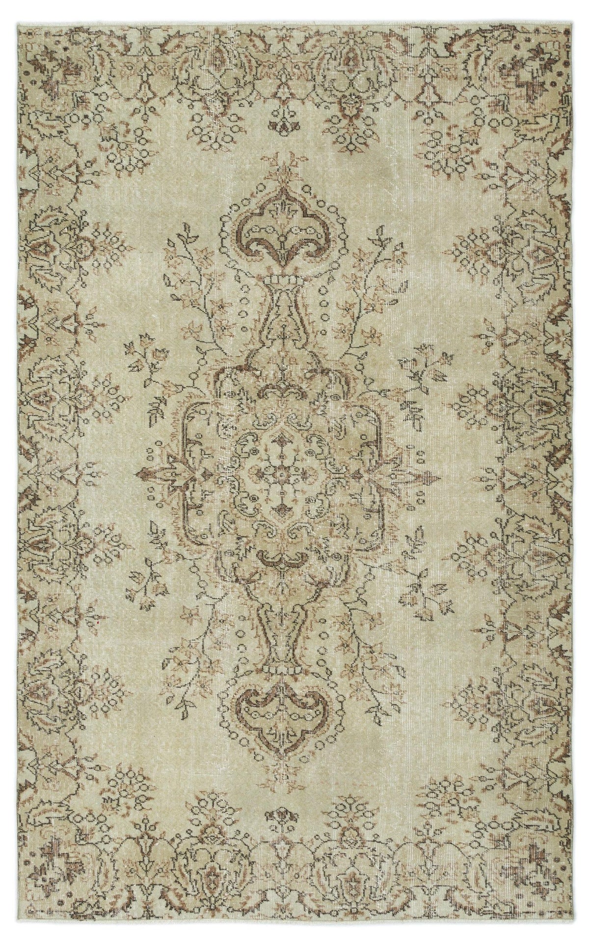 Beige and brown vintage-style rug with a distressed central medallion and ornate floral border.