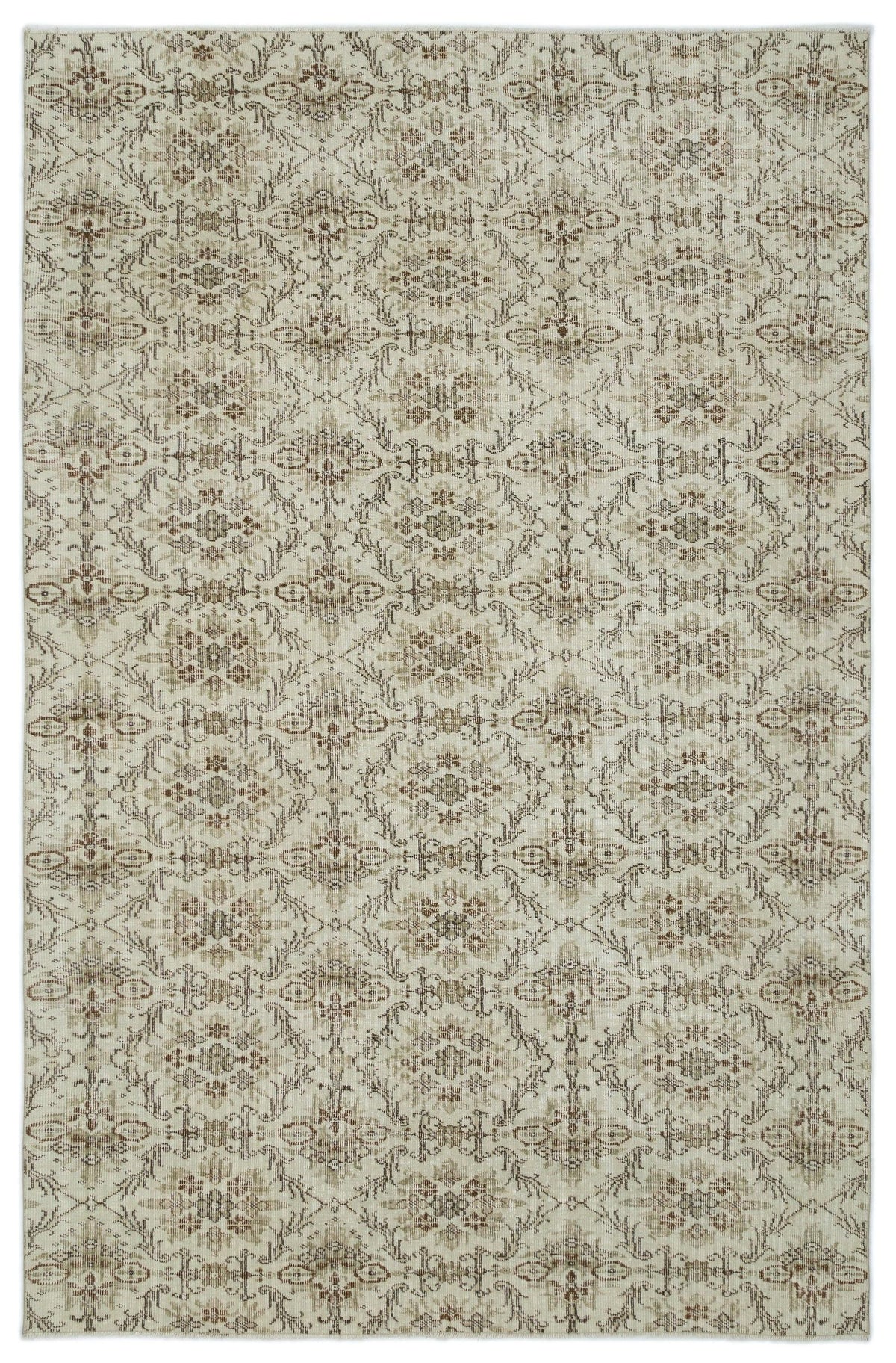 Beige and brown area rug with a repeating distressed floral medallion pattern on a white background.