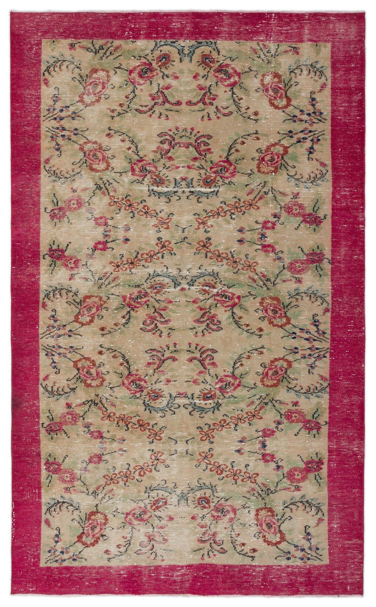 Distressed beige rug with a red border and a repeating floral pattern in red, green, and blue.