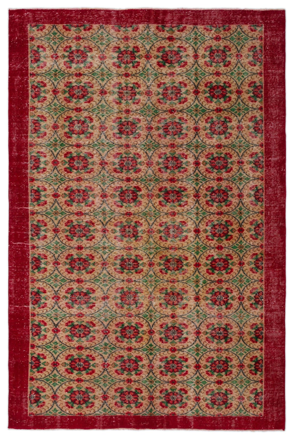 Red, tan, and green vintage-style rug with a repeating circular floral medallion pattern and a solid red border.