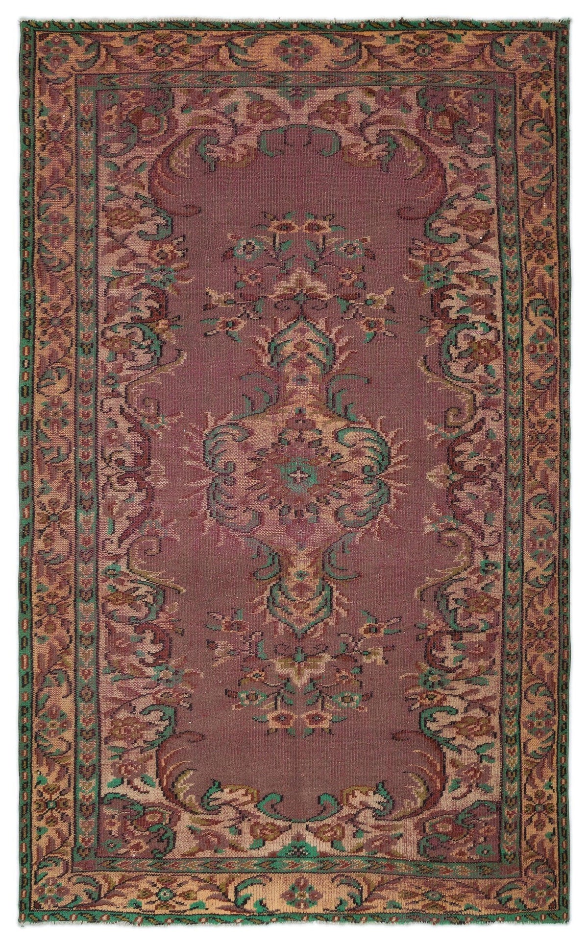 Mauve traditional rug with a central floral medallion, intricate border, and accents of sage green and tan.
