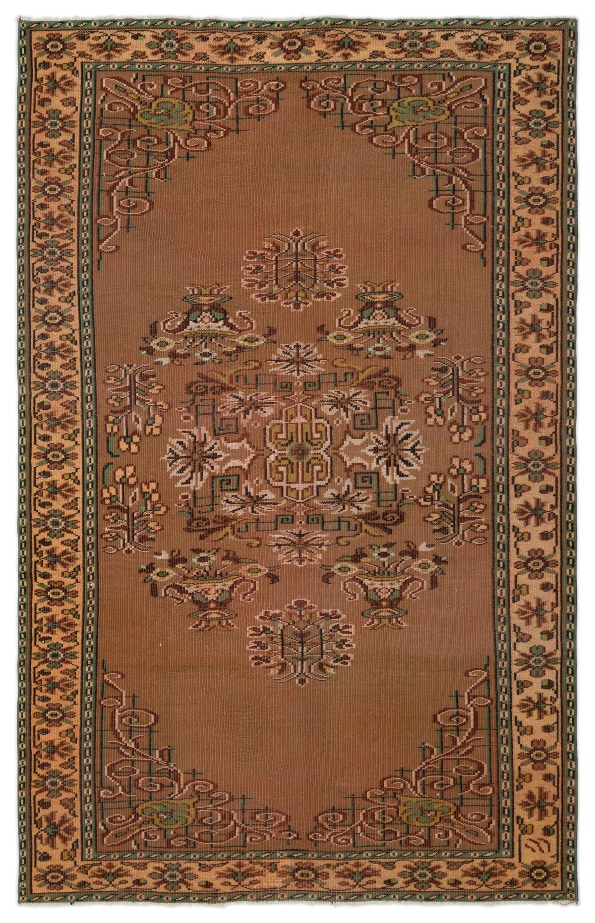 Brown traditional rug with a central floral medallion and geometric border in green, cream, and dark brown.