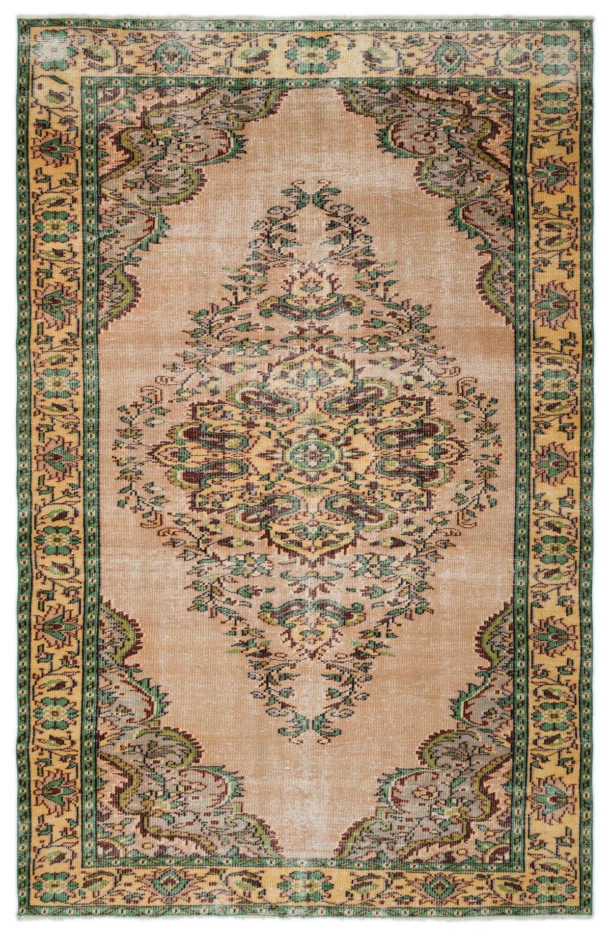 Tan vintage-style rug with a central floral medallion and ornate green and brown border patterns.