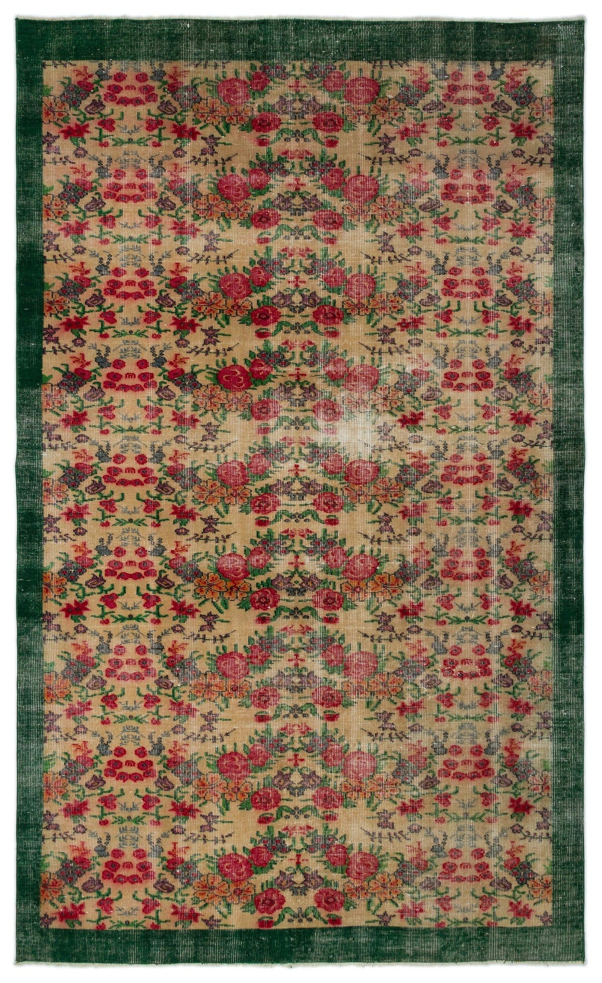 Tan vintage-style rug with a dark green border and a repeating floral pattern in red, purple, and orange.