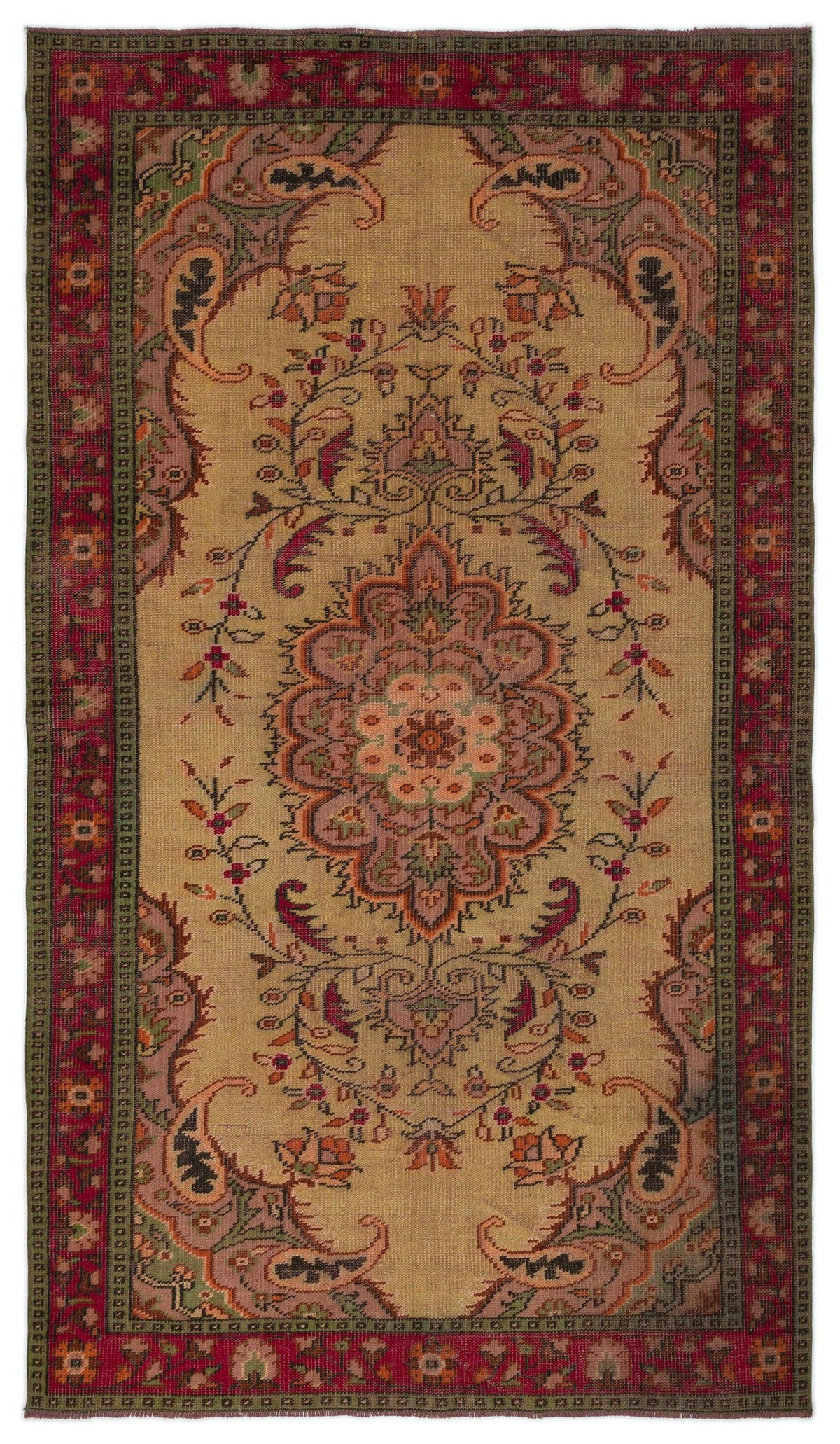Tan traditional rug with a central floral medallion, ornate paisley motifs, and a red geometric border.