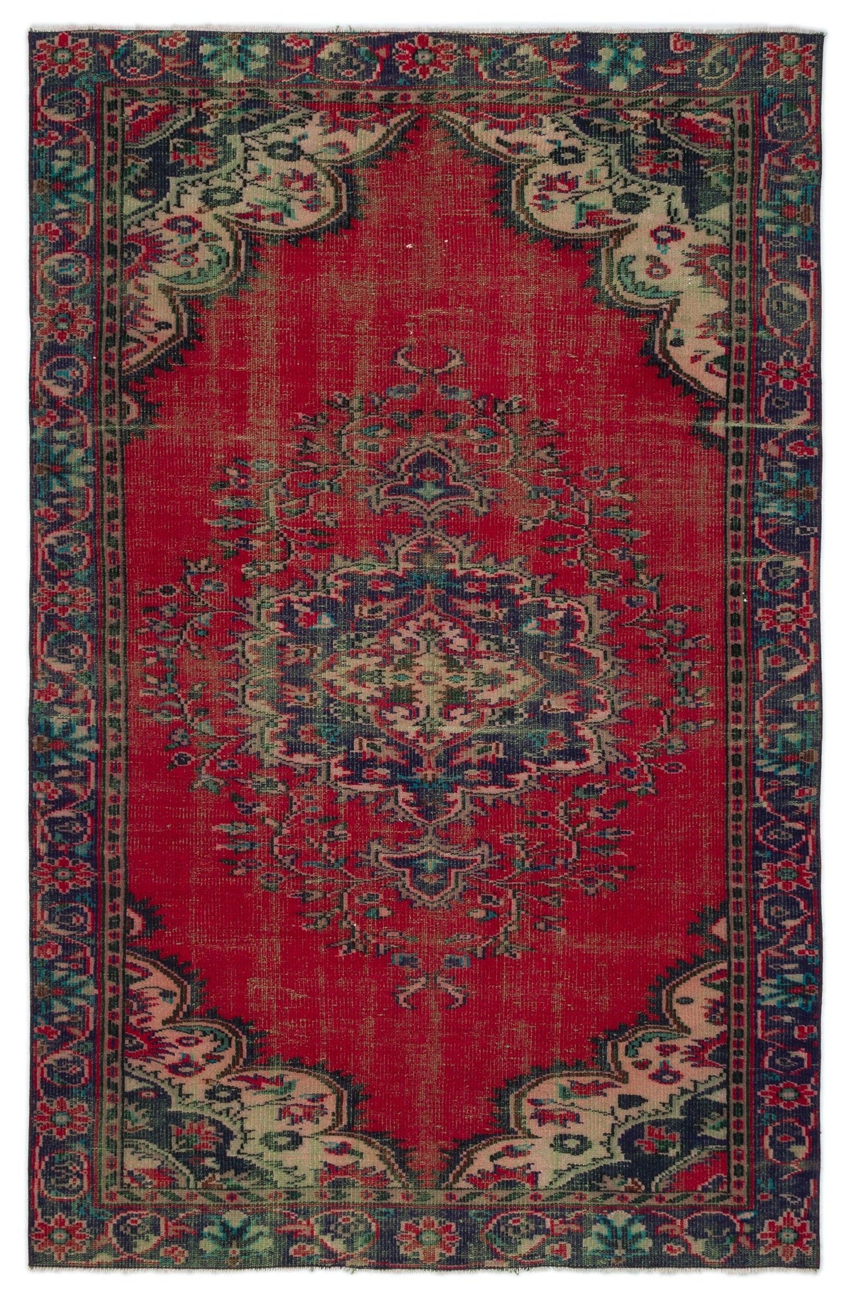 Distressed red traditional rug with a central navy and cream floral medallion and ornate border on a white background.