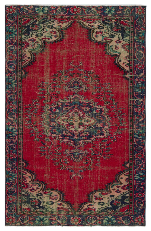 Load image 1 in gallery view. Distressed red traditional rug with a central navy and cream floral medallion and ornate border on a white background.