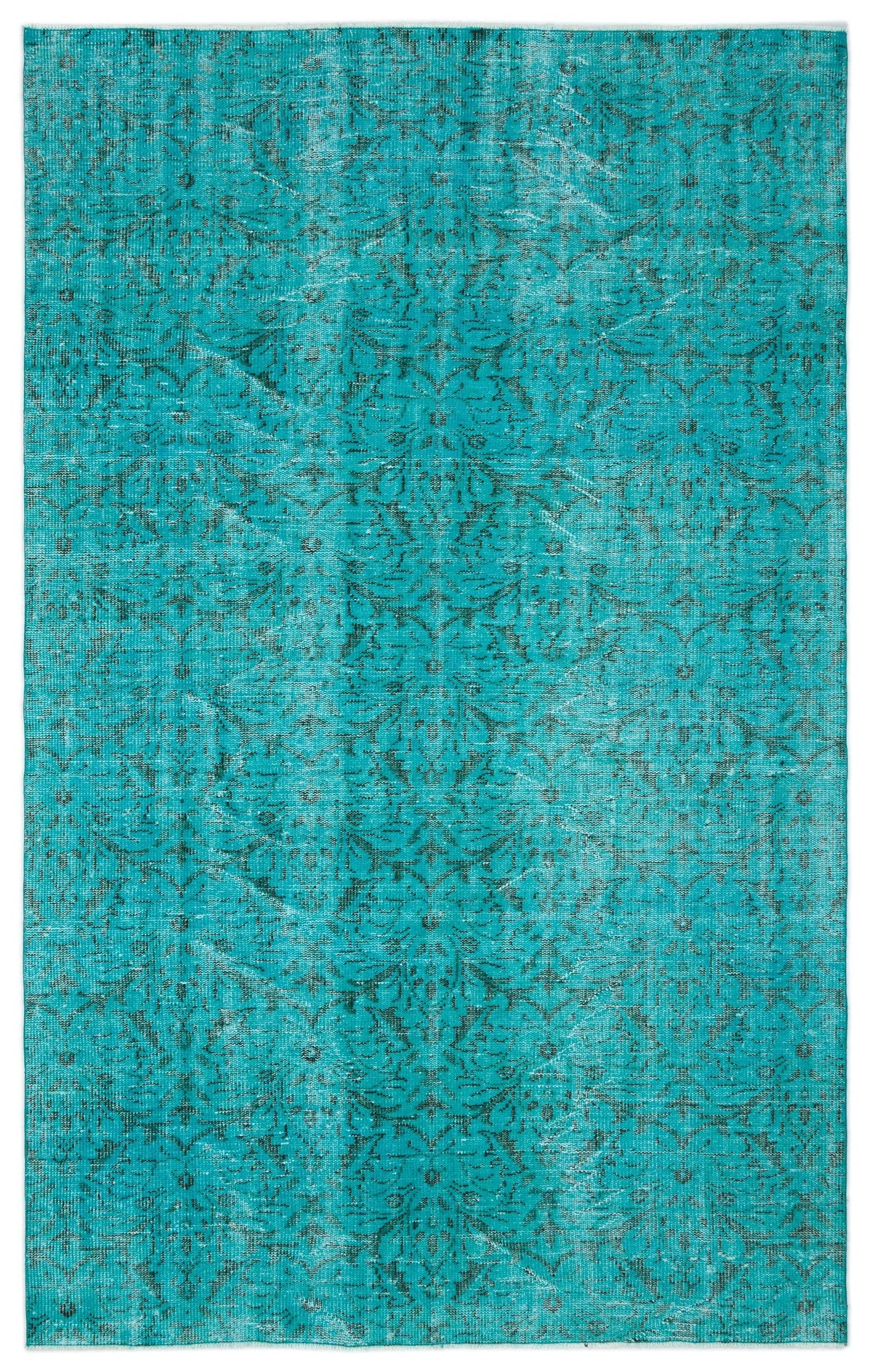 Turquoise rug with a distressed, dark grey traditional floral medallion pattern on a white background.