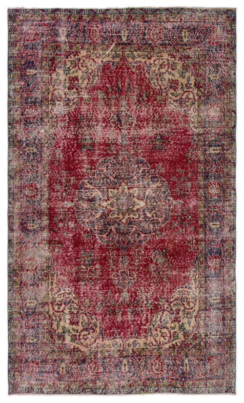 Load image 1 in gallery view. Distressed red, blue, and beige traditional rug with a central medallion and ornate floral border.