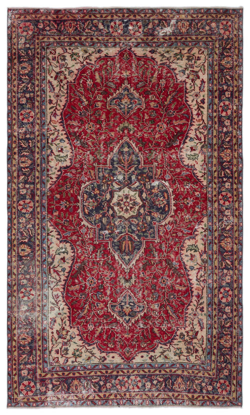 Load image 1 in gallery view. Distressed red, navy, and cream Persian-style rug with a central floral medallion and intricate border patterns.