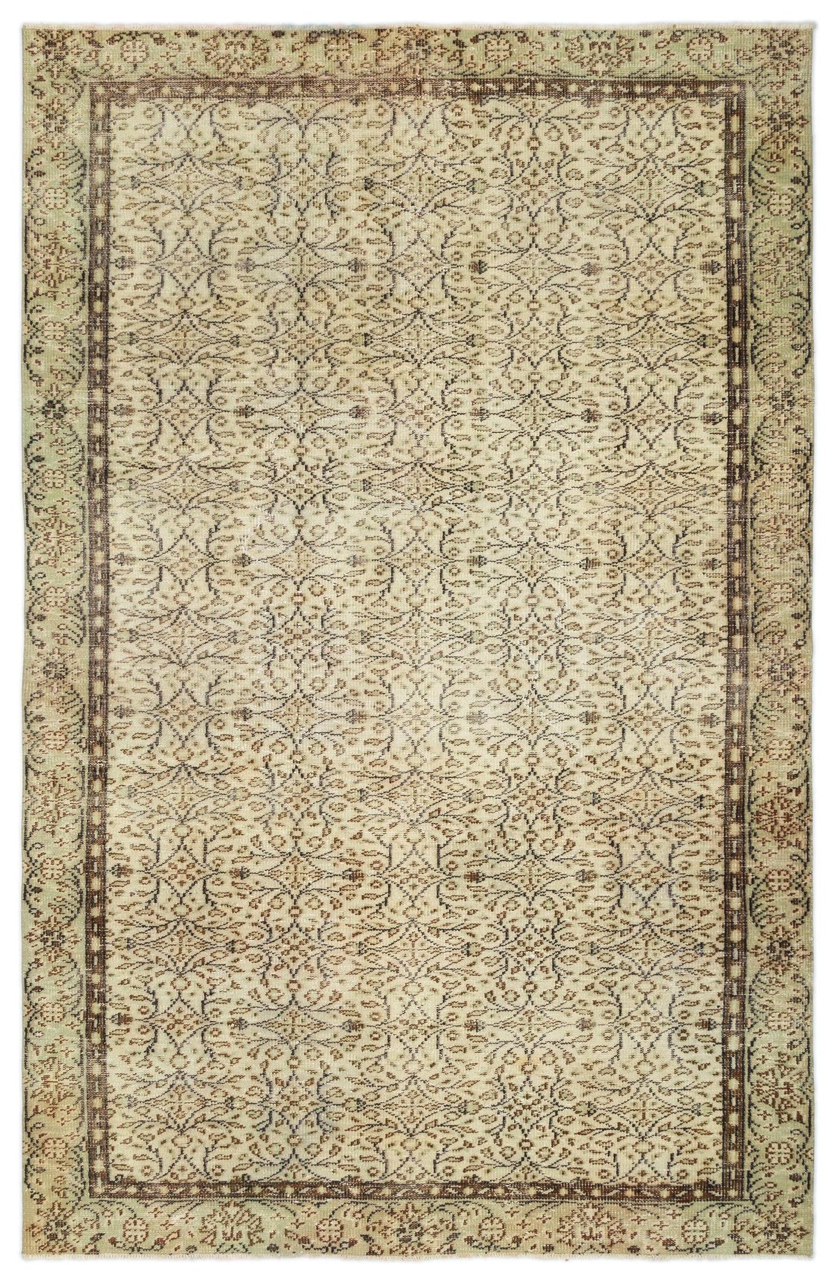 Beige and brown traditional rug with a distressed floral trellis pattern and a decorative border.