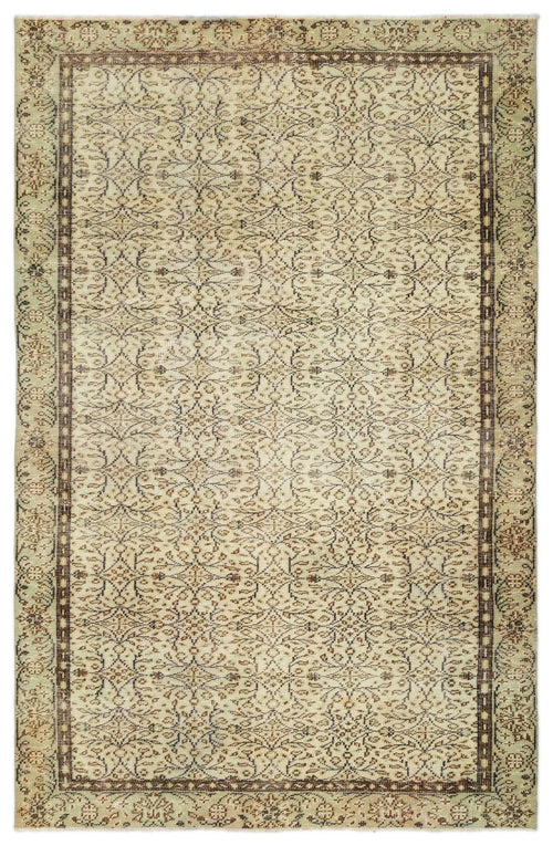 Load image 1 in gallery view. Beige and brown traditional rug with a distressed floral trellis pattern and a decorative border.
