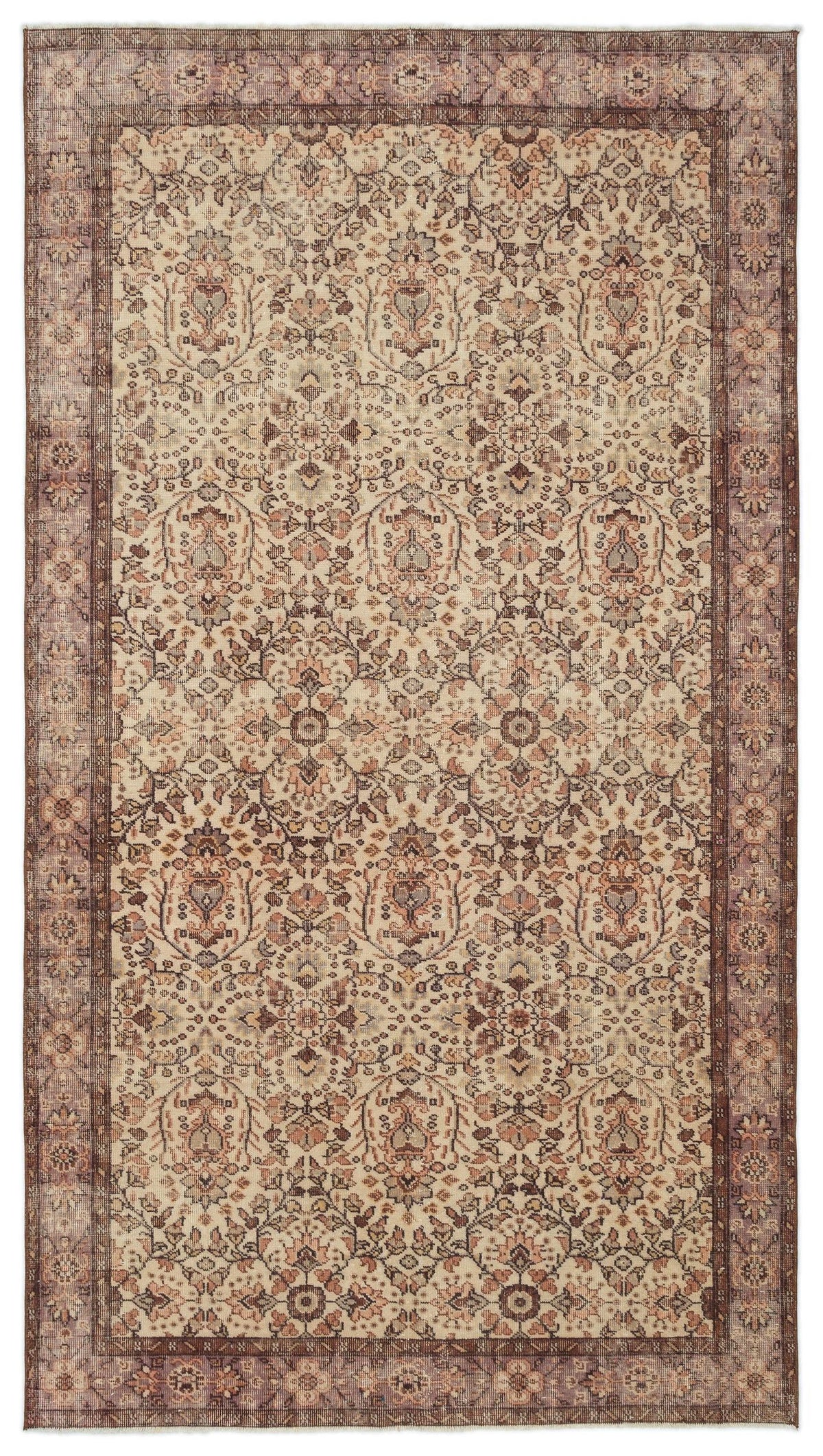Beige, brown, and muted mauve traditional rug with an intricate floral medallion pattern and a wide decorative border.
