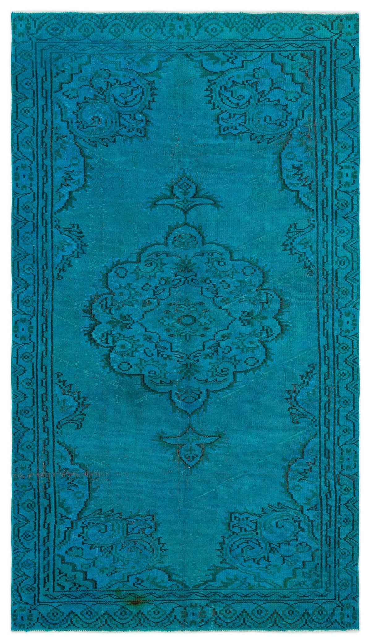 Teal monochromatic rug with a dark blue traditional floral medallion and ornate border pattern.
