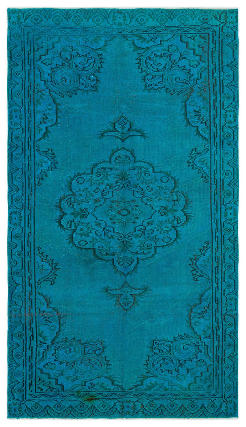 Load image 1 in gallery view. Teal monochromatic rug with a dark blue traditional floral medallion and ornate border pattern.