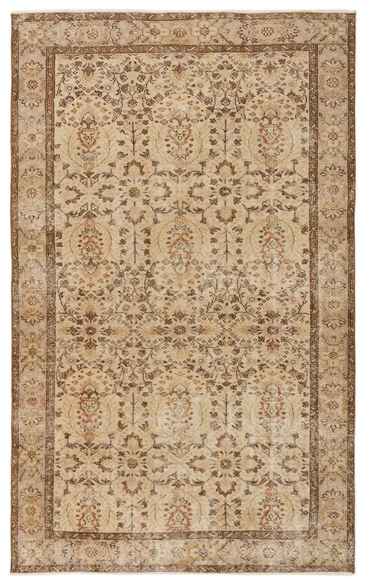 Beige and brown vintage-style rug with a distressed floral medallion pattern and a decorative border.