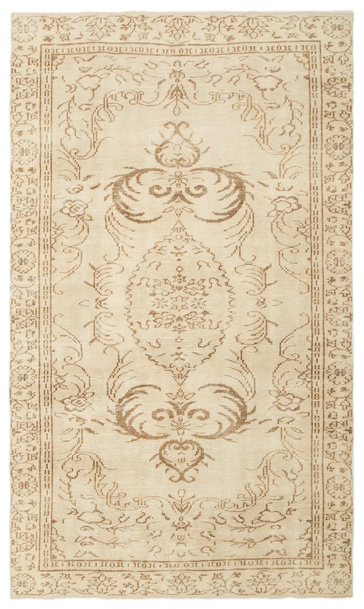 Beige and light brown vintage-style rug with a central floral medallion and ornate border pattern.