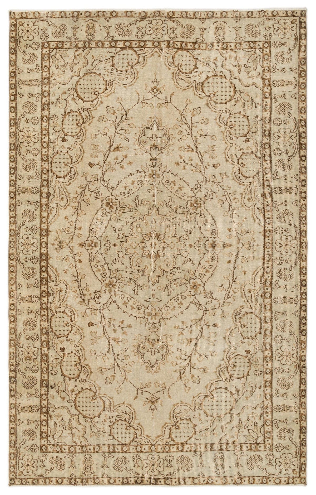 Beige and brown vintage-style rug with a central floral medallion and intricate botanical border.