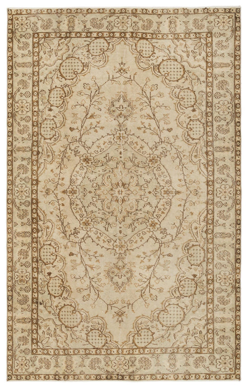 Load image 1 in gallery view. Beige and brown vintage-style rug with a central floral medallion and intricate botanical border.