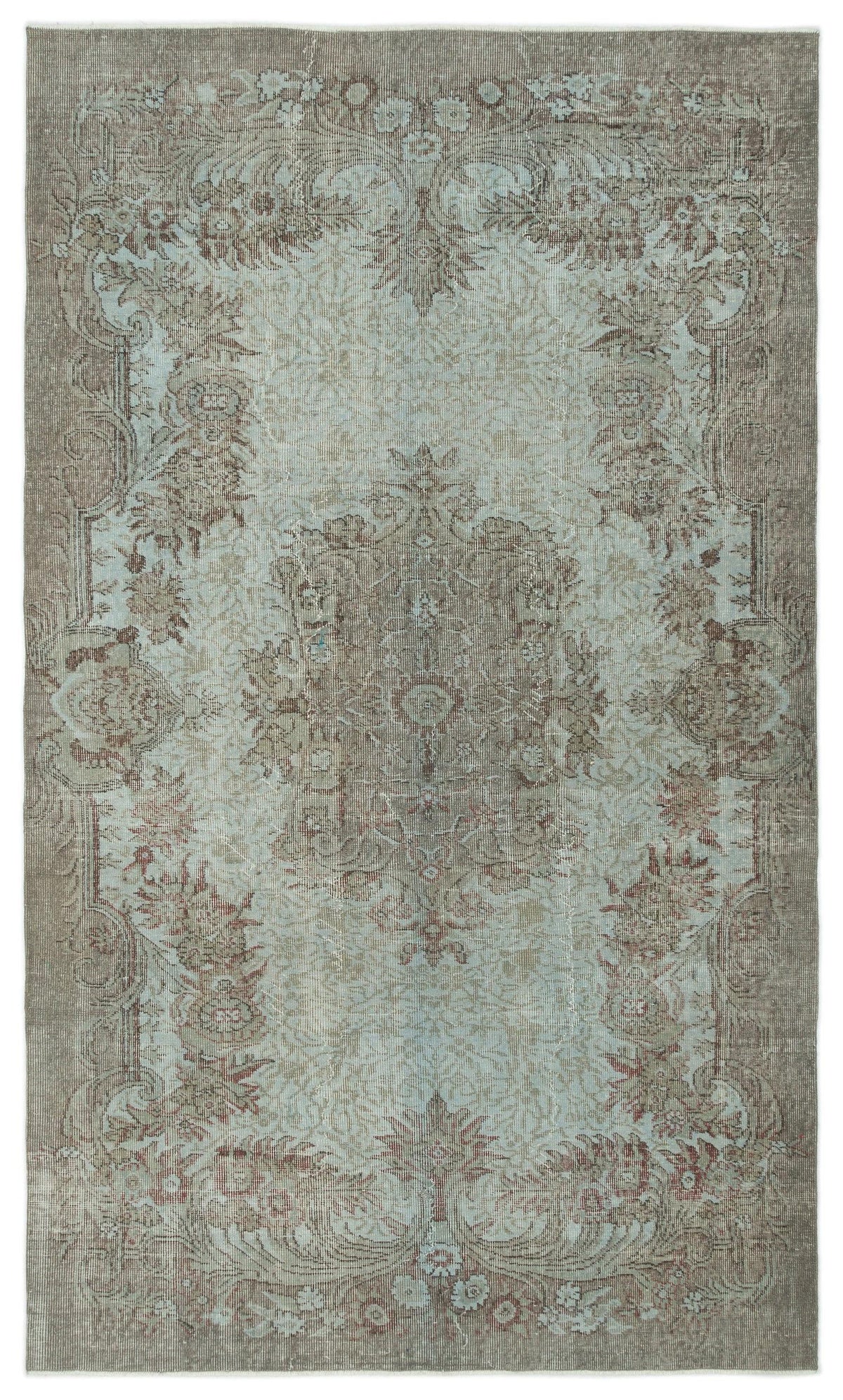Distressed taupe and light blue traditional rug with a central floral medallion and ornate border.
