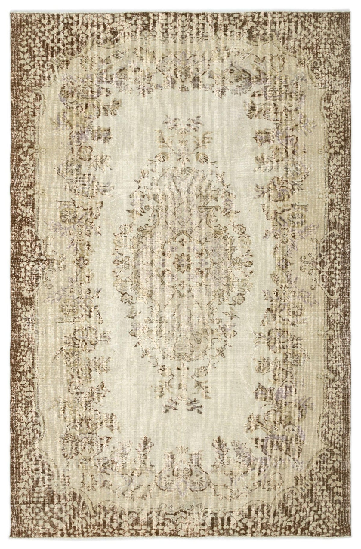 Beige and brown traditional rug with a central floral medallion and ornate border on a white background.