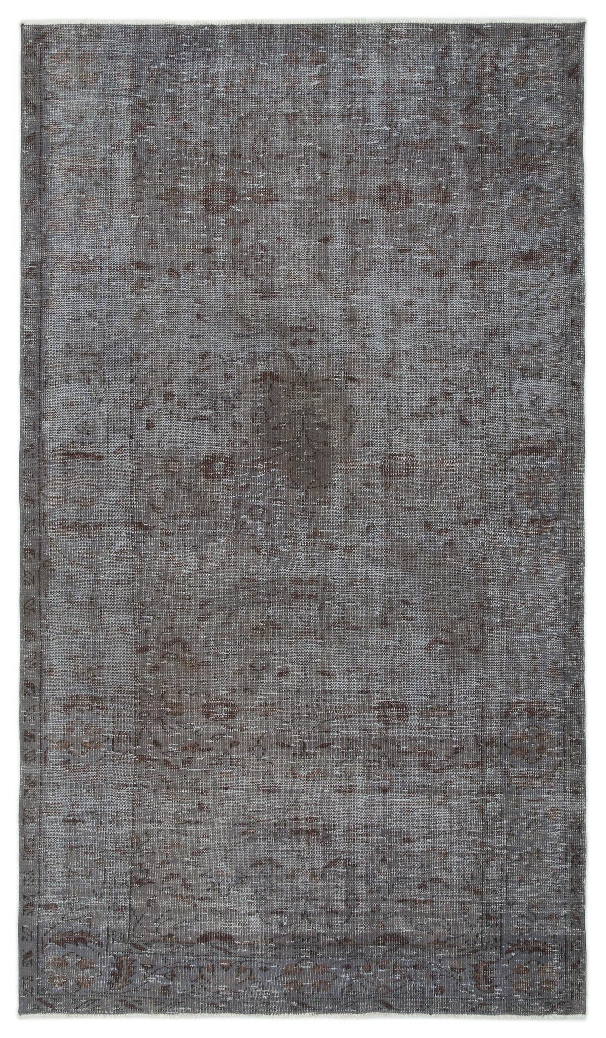 Charcoal and brown distressed vintage-style rug with a faded central medallion and ornate border pattern.