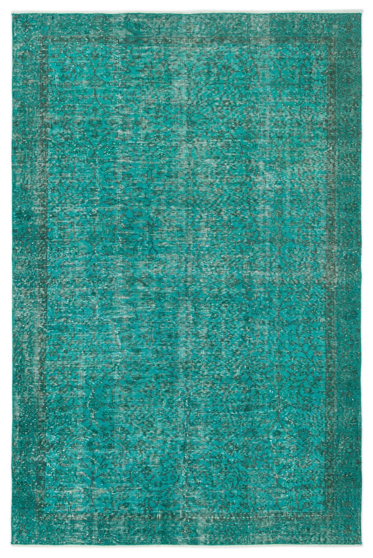 Teal distressed rug with a traditional floral medallion pattern and a bordered edge.