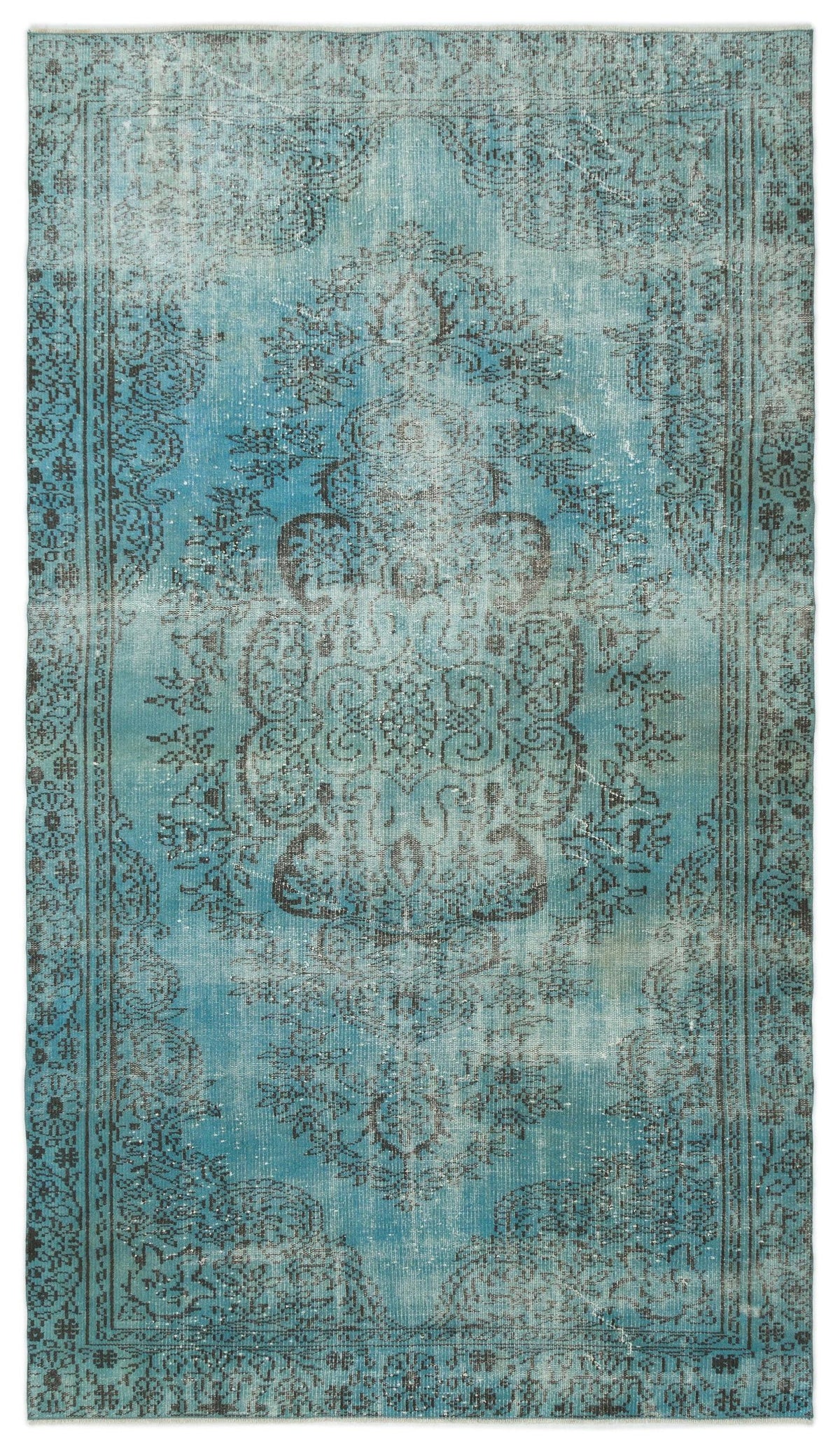 Distressed turquoise and charcoal rug with a traditional central medallion and ornate floral border.