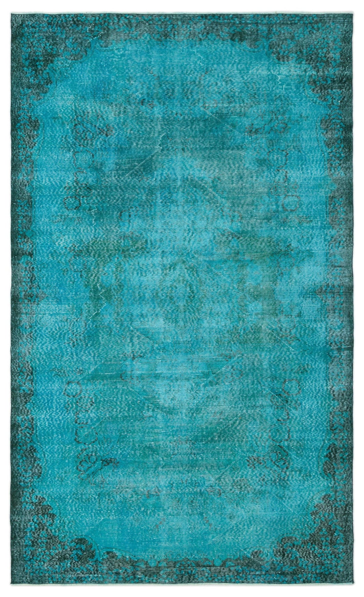 Teal and dark green distressed vintage-style rug with a faded central medallion and ornate border.