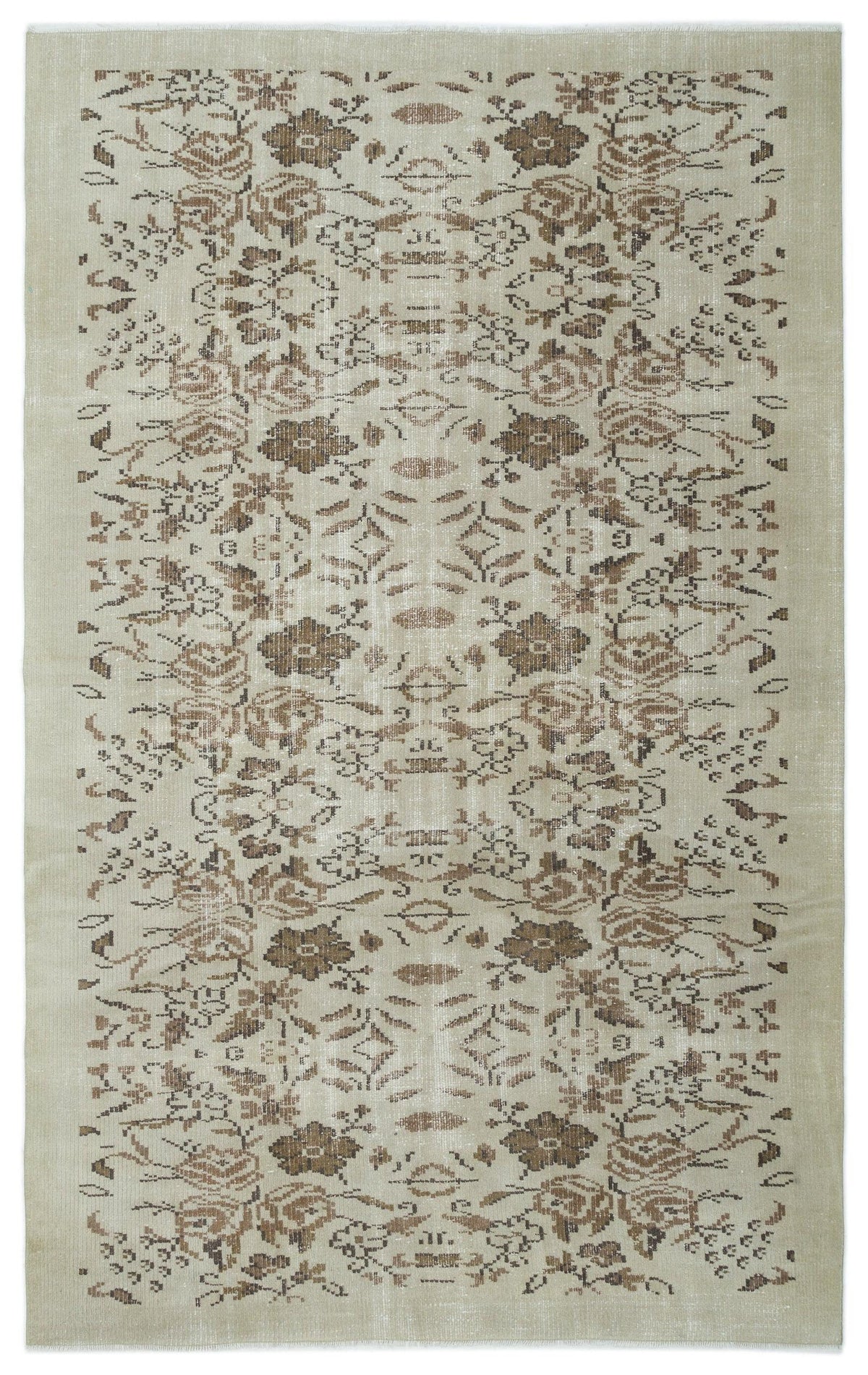 Beige and brown distressed rug with a symmetrical floral and geometric pattern on a white background.