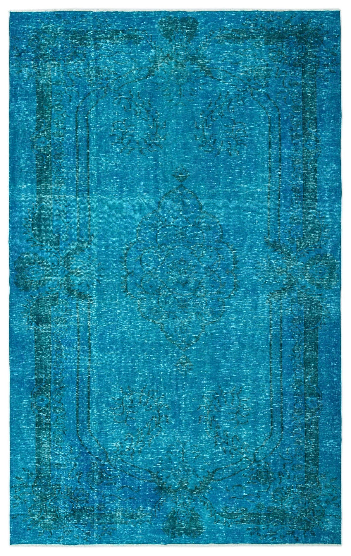Teal distressed area rug with a central medallion and traditional border pattern on a white background.