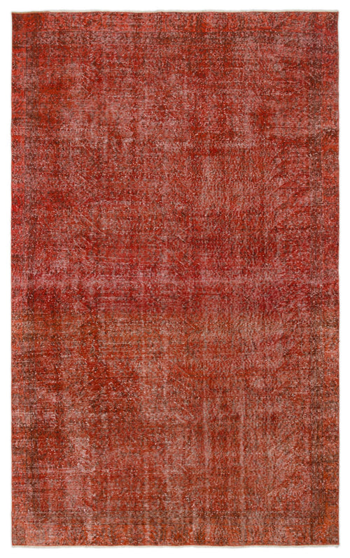 Load image 1 in gallery view. Distressed rust-red rug with a faint, traditional overdyed medallion pattern on a white background.