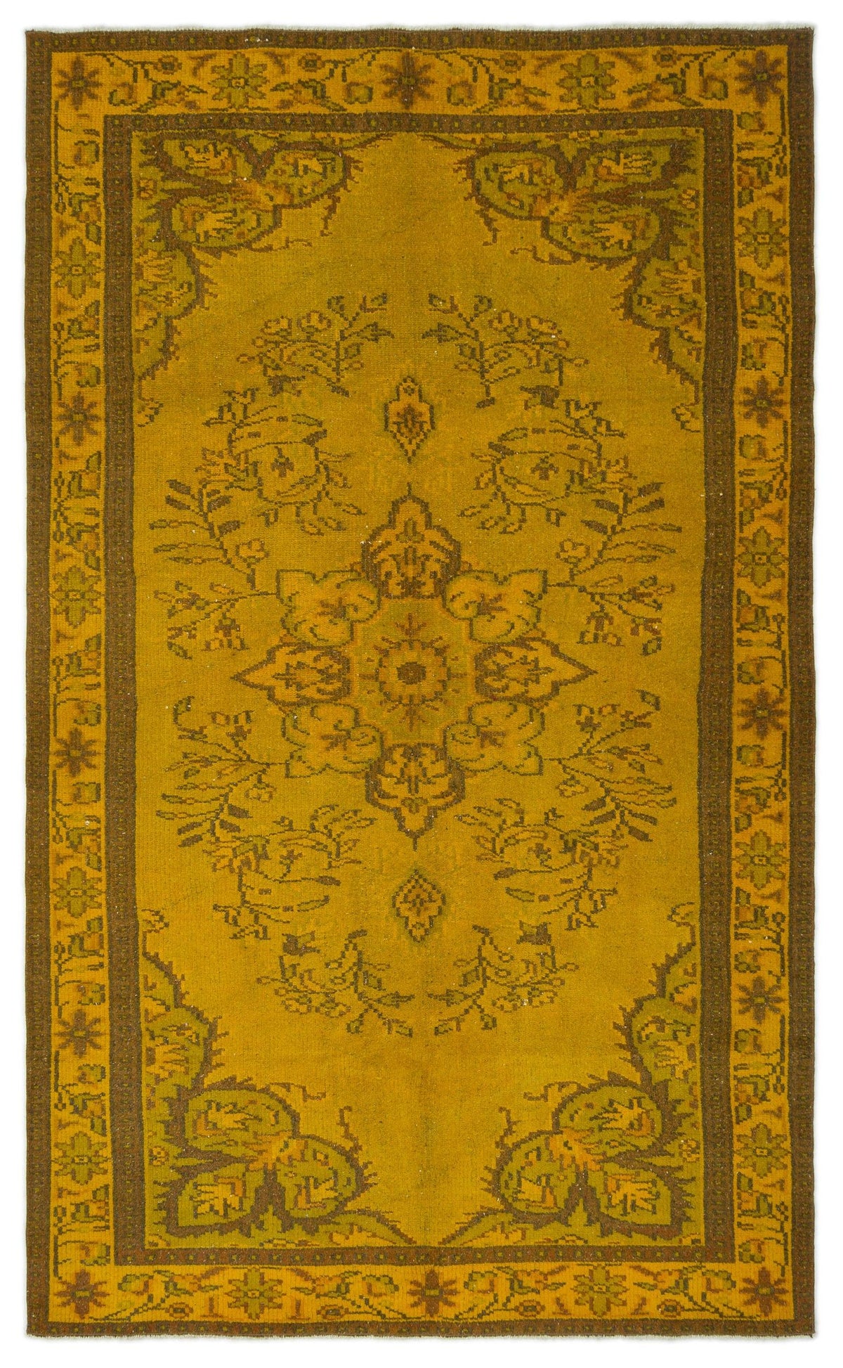 Mustard yellow and brown traditional rug with a central floral medallion and ornate botanical border.