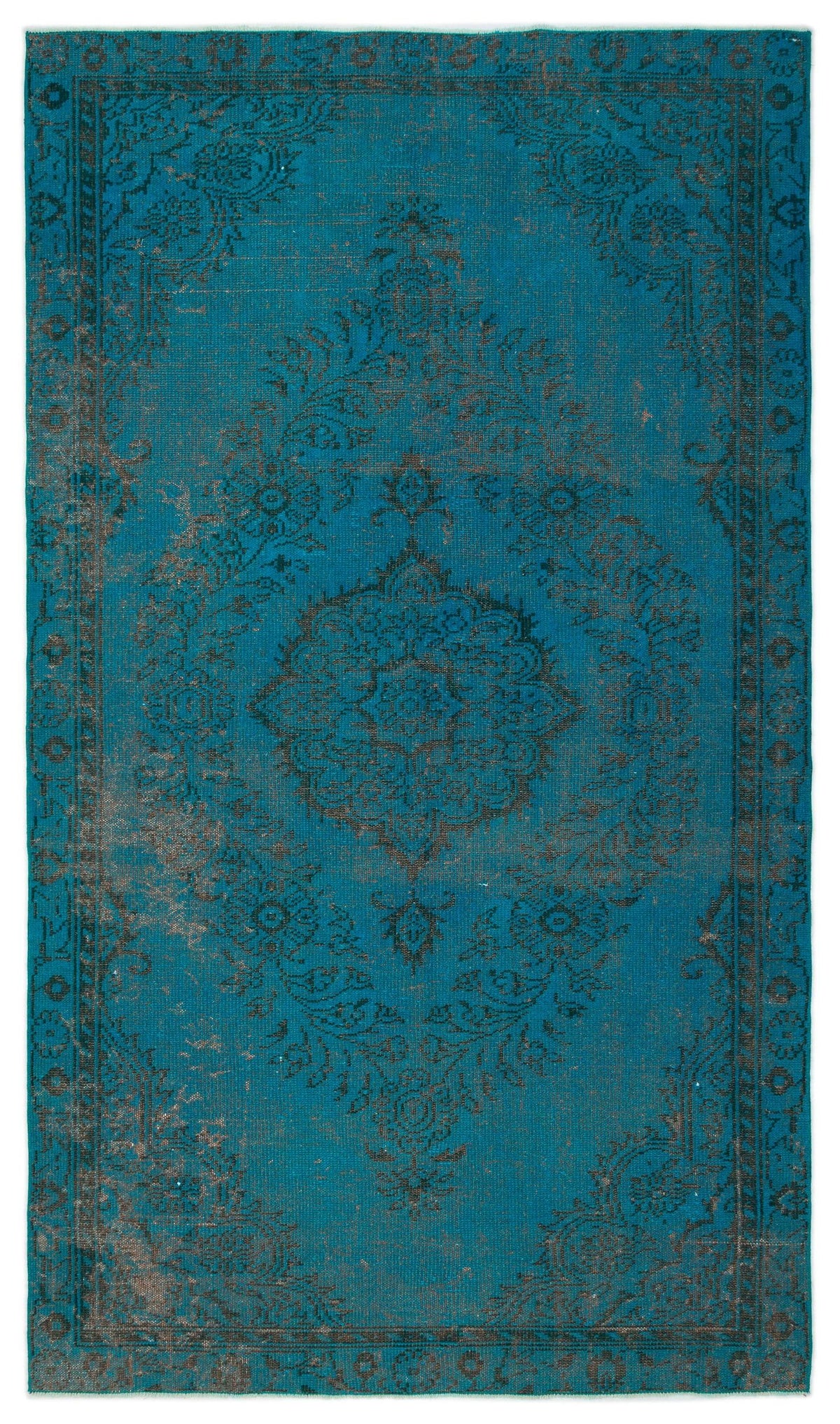 Teal distressed rug with a dark grey traditional floral medallion pattern and ornate border.