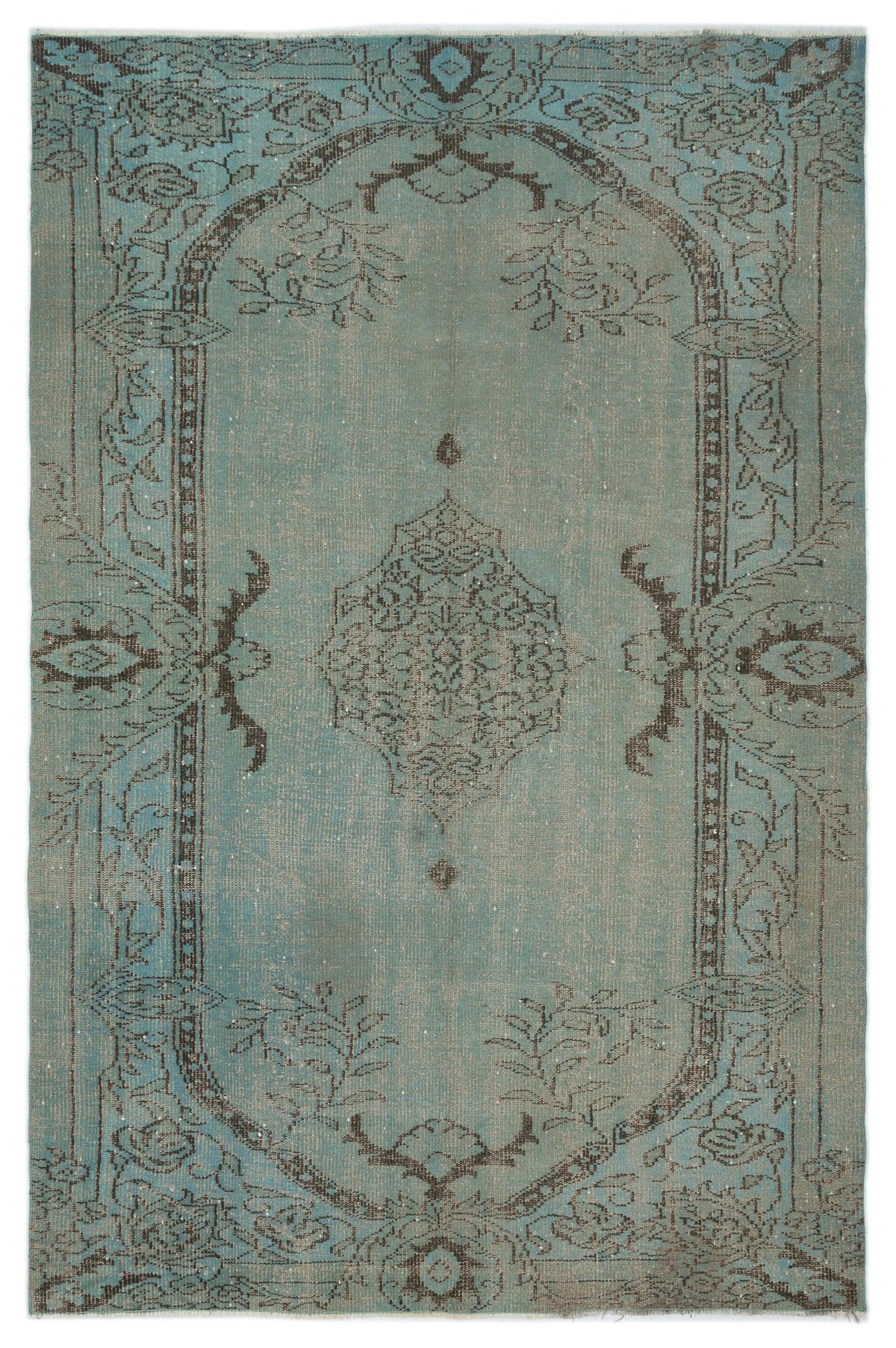 Distressed teal rug with a dark brown central medallion and ornate floral border on a white background.