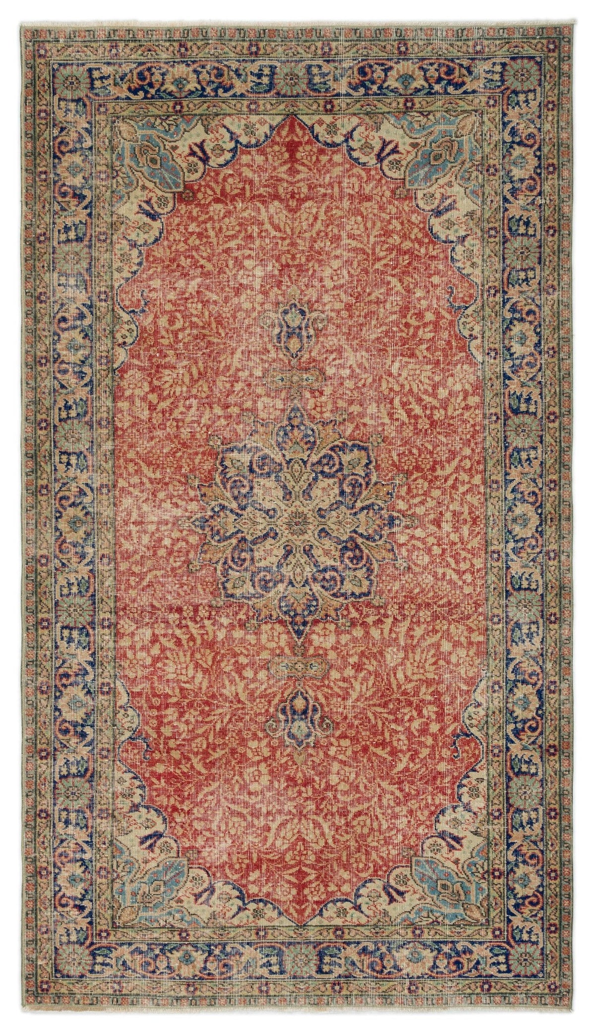 Distressed red and blue traditional rug with a central floral medallion and ornate border on a white background.
