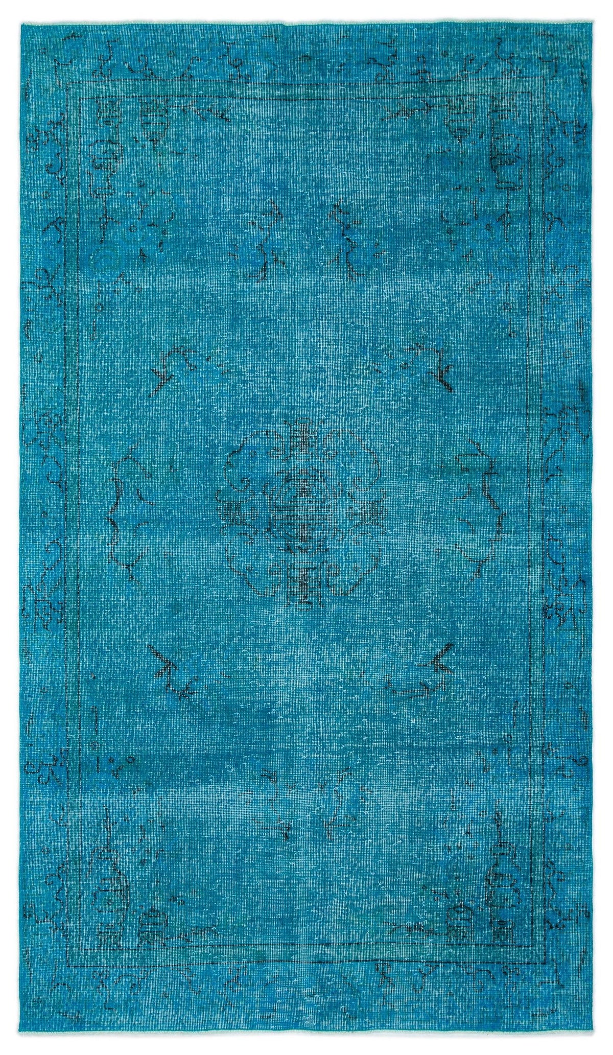 Distressed turquoise rug with a central medallion and thin black linear border patterns.