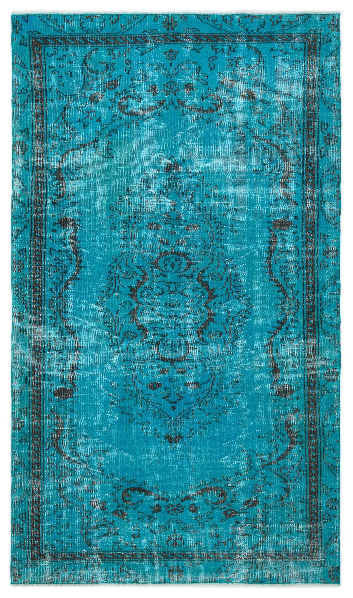 Bright turquoise distressed rug with a dark charcoal central floral medallion and ornate border pattern.