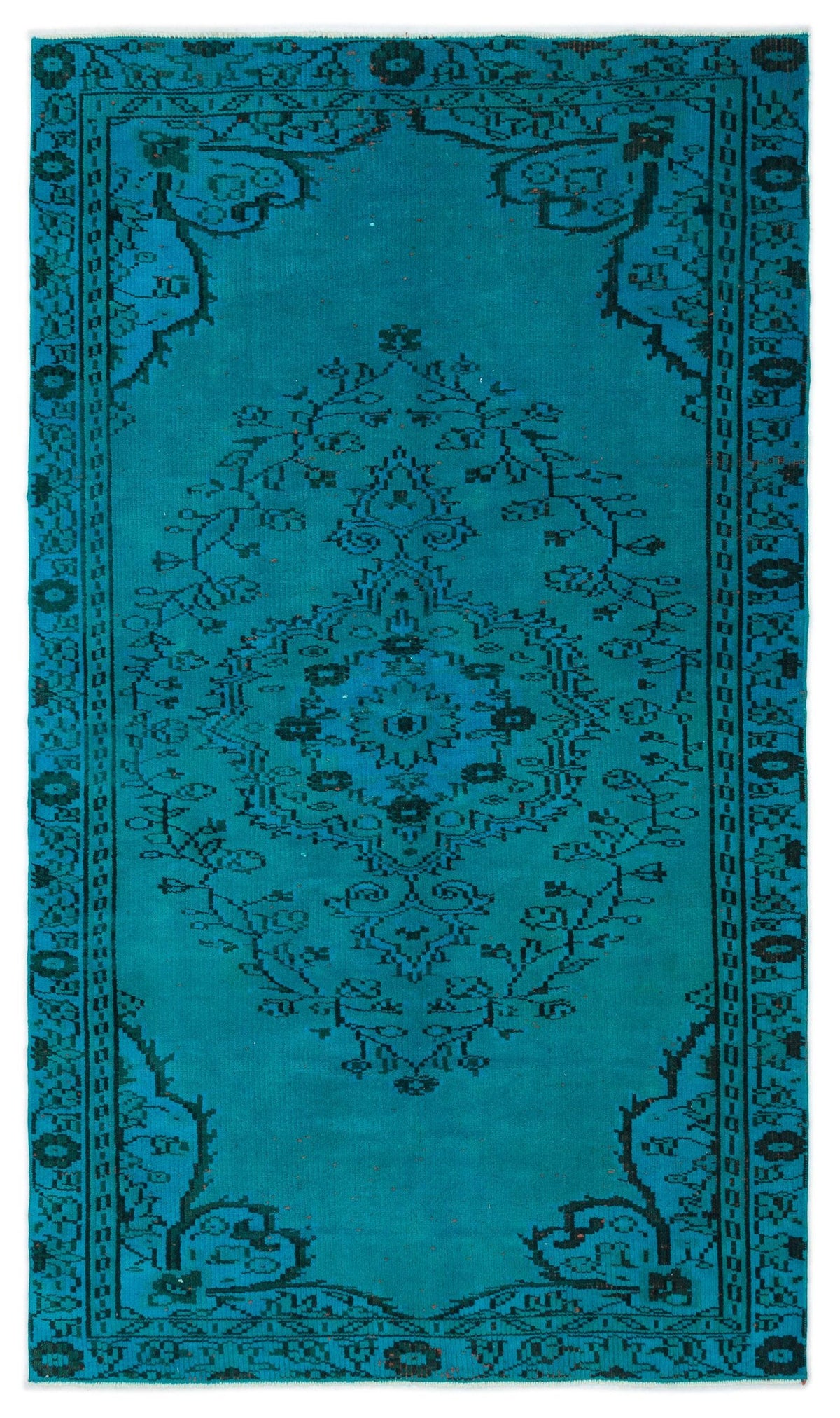 Teal rug with a black traditional floral medallion pattern and a geometric border.