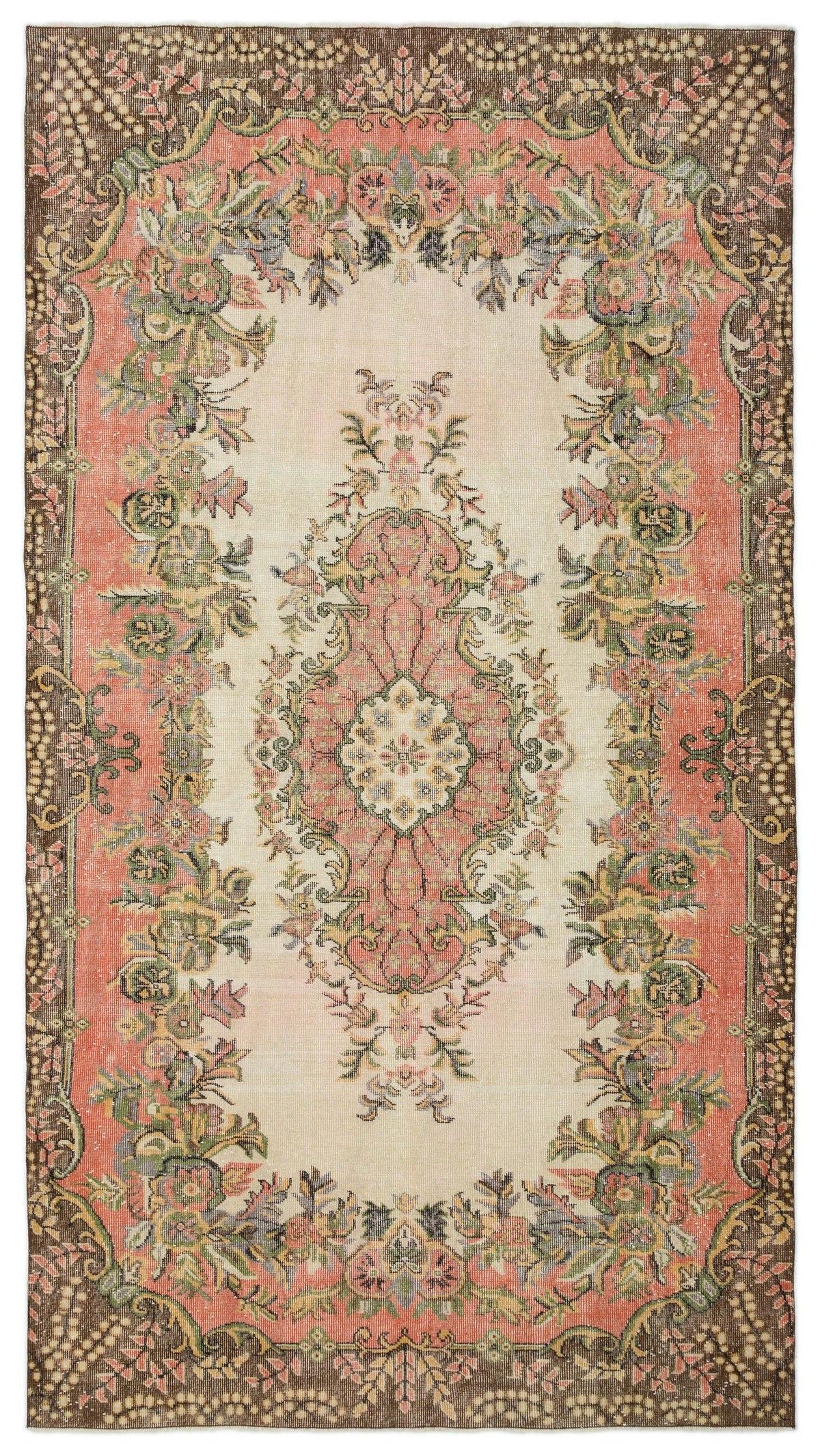 Cream, coral, and brown traditional rug with a central floral medallion and ornate botanical border.