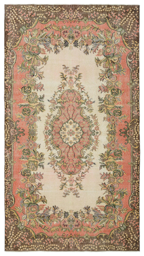 Load image 1 in gallery view. Cream, coral, and brown traditional rug with a central floral medallion and ornate botanical border.