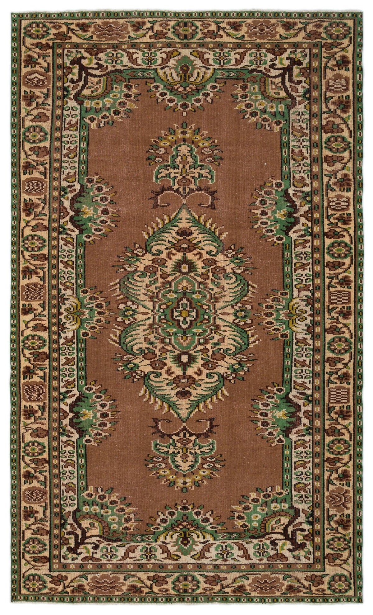 Brown traditional rug with a central green and cream floral medallion and a decorative geometric border.