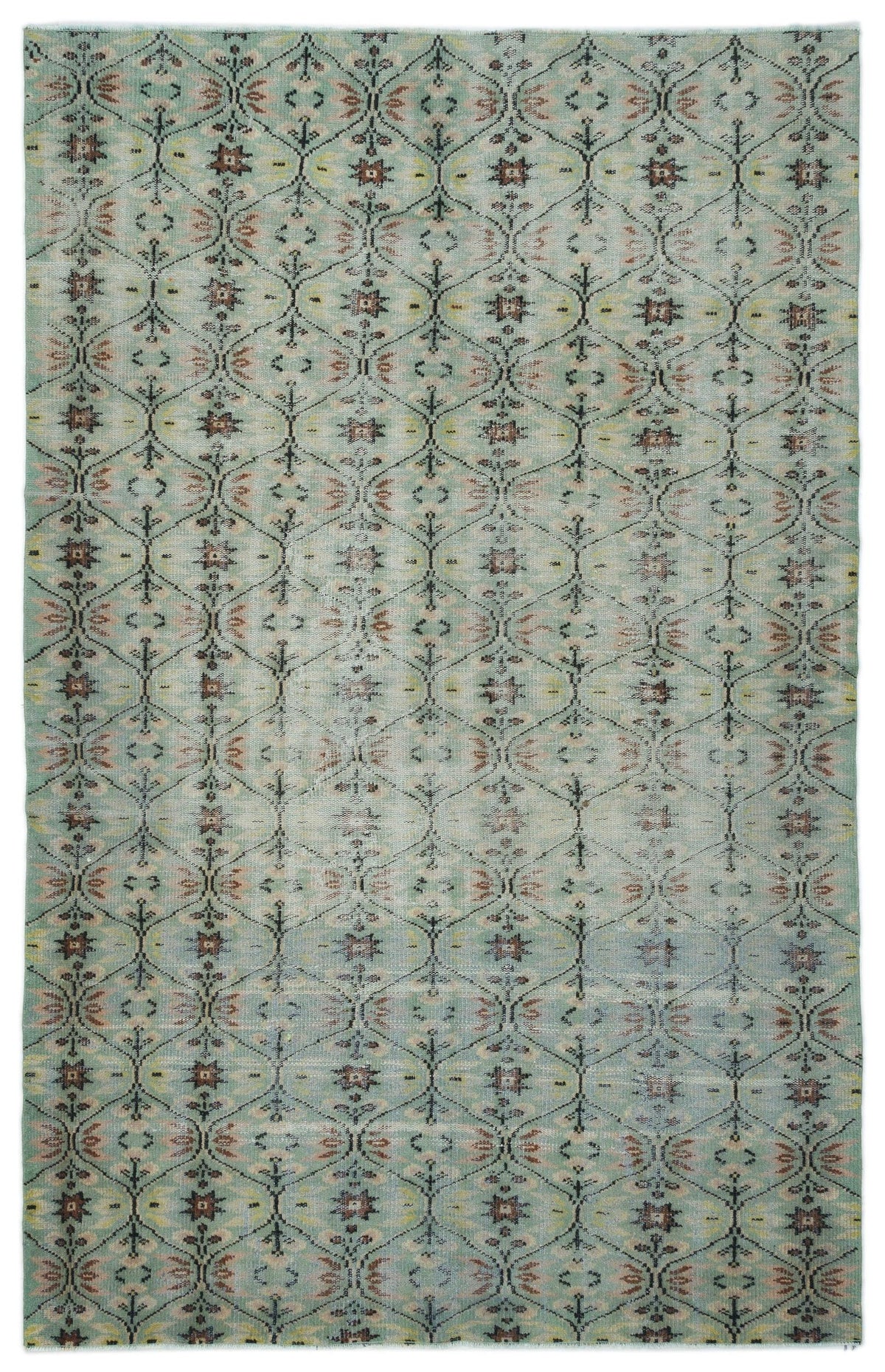 Light blue rug with a repeating dark grey diamond lattice pattern featuring small floral and geometric motifs.