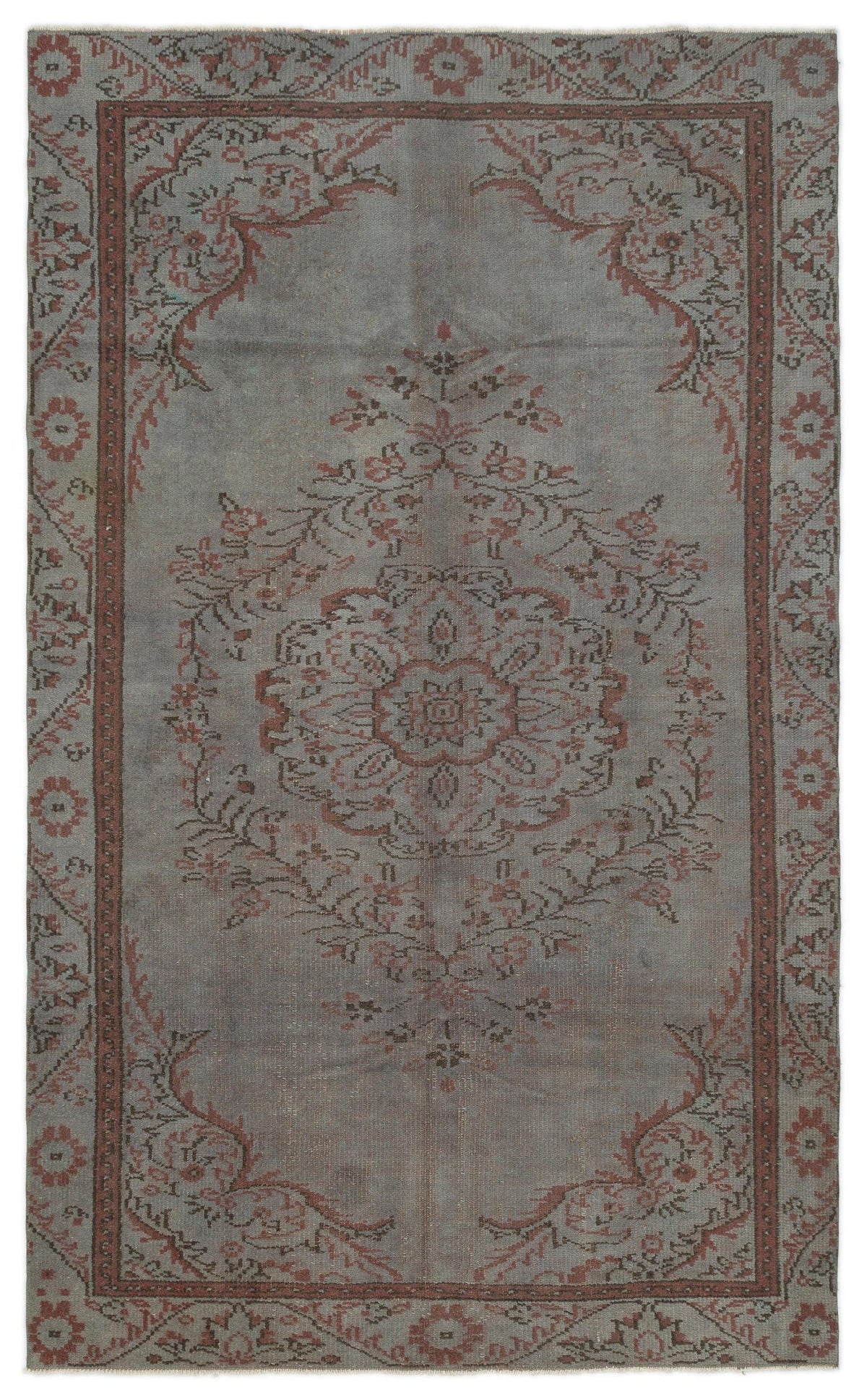 Grey and terracotta vintage-style rug with a central floral medallion and ornate border pattern on a white background.