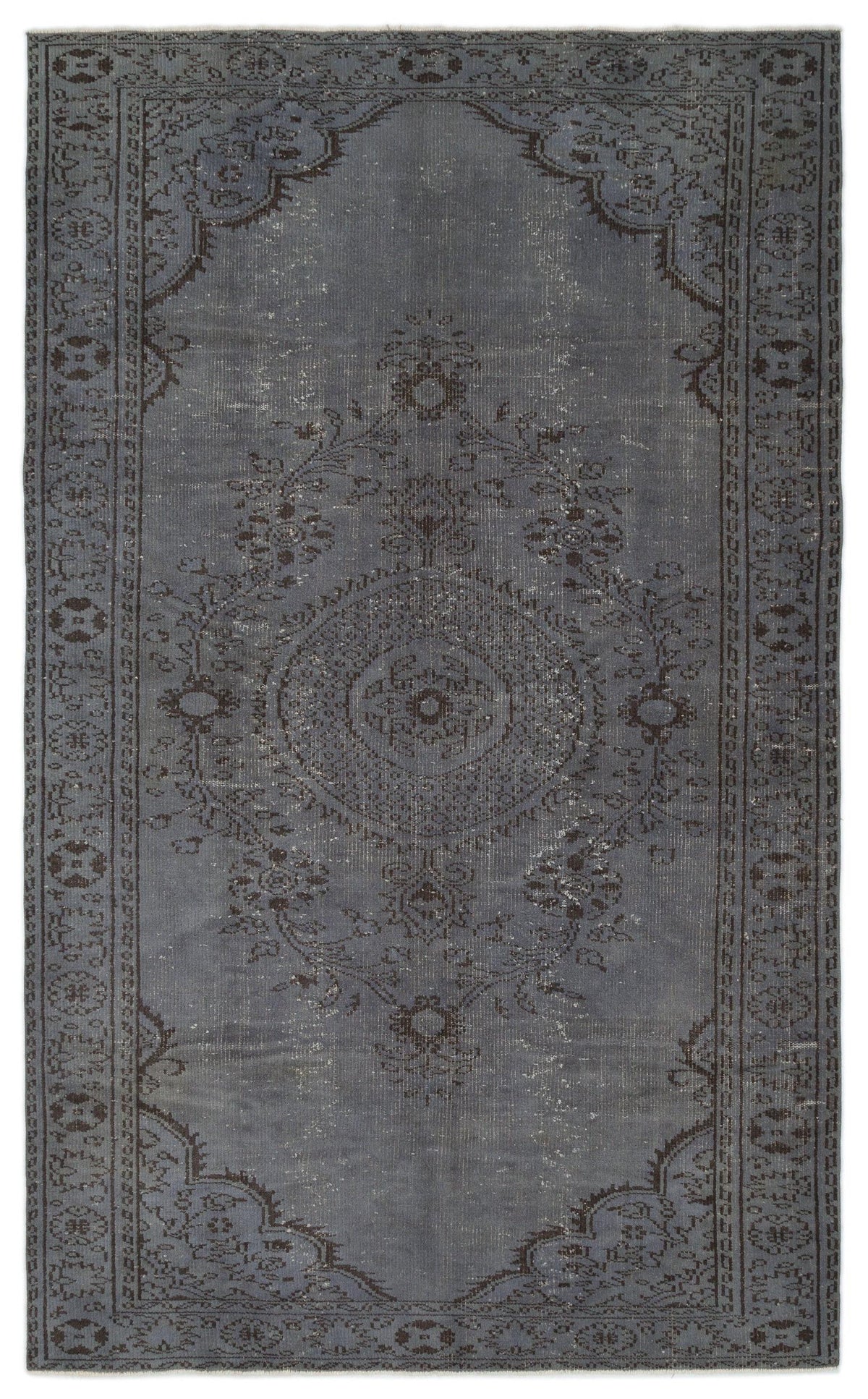 Charcoal grey distressed rug with a dark brown traditional floral medallion pattern and ornate border.