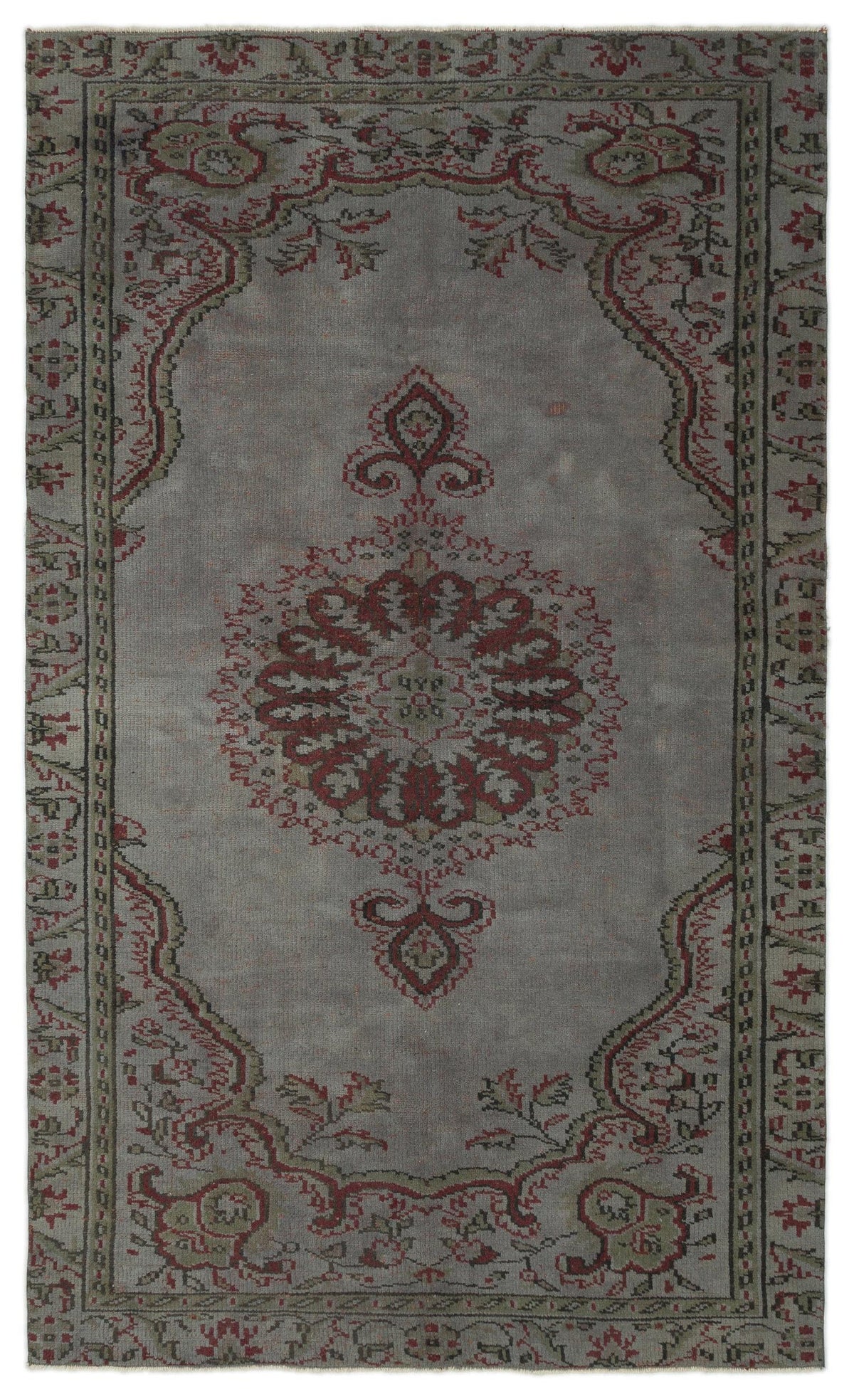 Grey vintage-style rug with a central red and olive floral medallion and a decorative border on a white background.